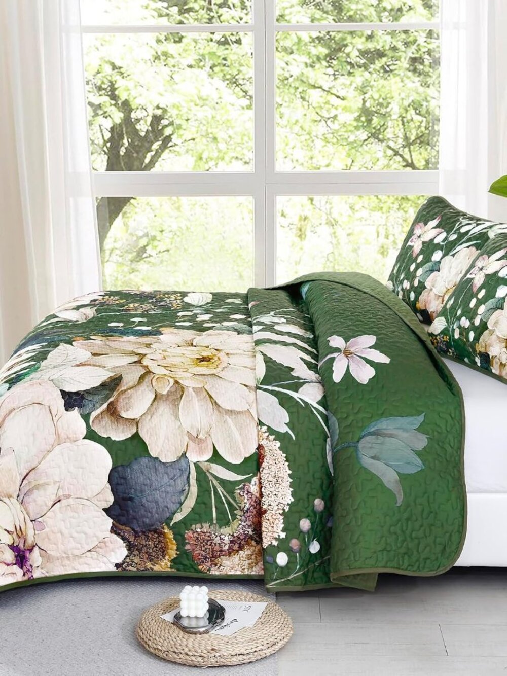 Floral Quilt Queen Size - 3 Pieces Green Quilt Botanical Bedspread | Soft Microf - Picture 4 of 8